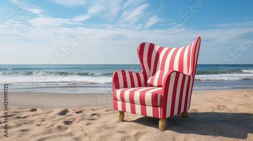 An empty red and white chaise lounge on the beach. ©  AKA-RA