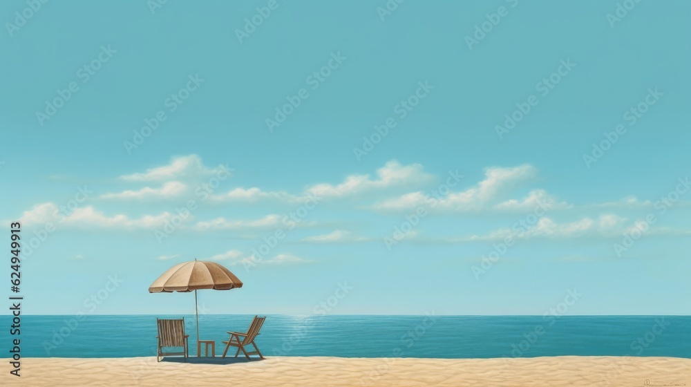 Sun loungers and an umbrella by the beach. AI generated
