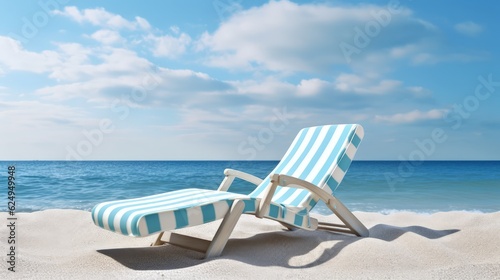 An empty blue and white chaise lounge on the beach. AI generated