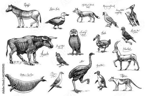 Extinct species. Wild mammal animals and birds. Dodo, Moa, Tasmanian wolf, Quagga. Aurochs. Blue antelope. Hand drawn vector engraved sketch. Graphic vintage style. 