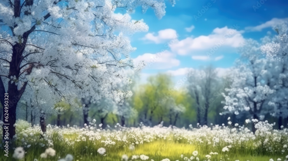 Blooming trees in the spring landscape. AI generated Blooming trees in the spring landscape. AI generated