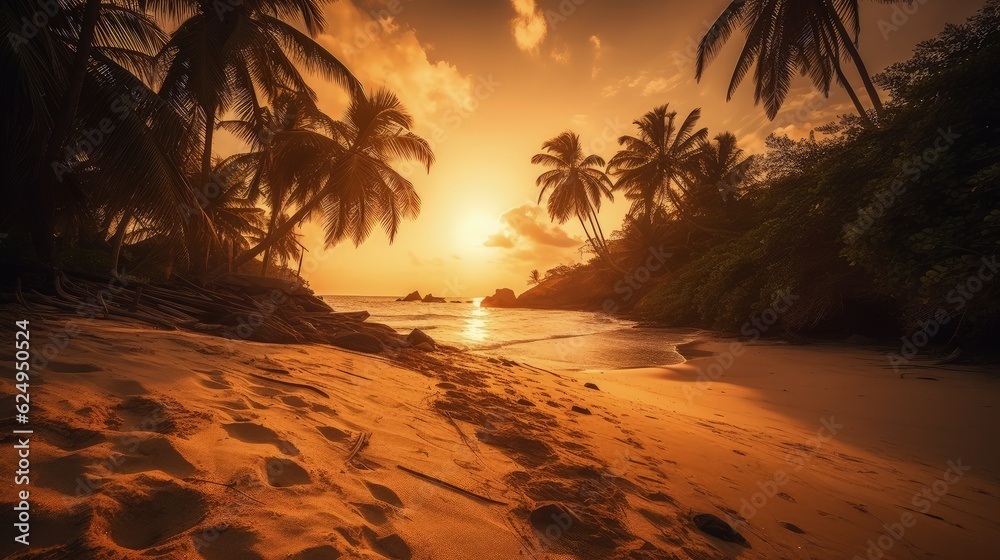 Sunset on a tropical beach. AI generated