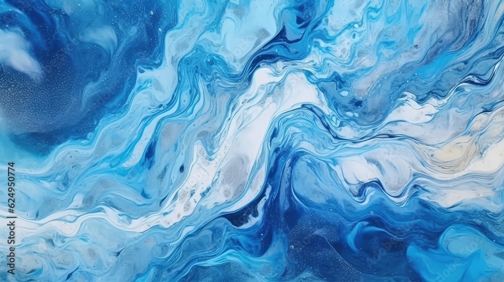 Streaks and waves of blue and white paint. AI generated