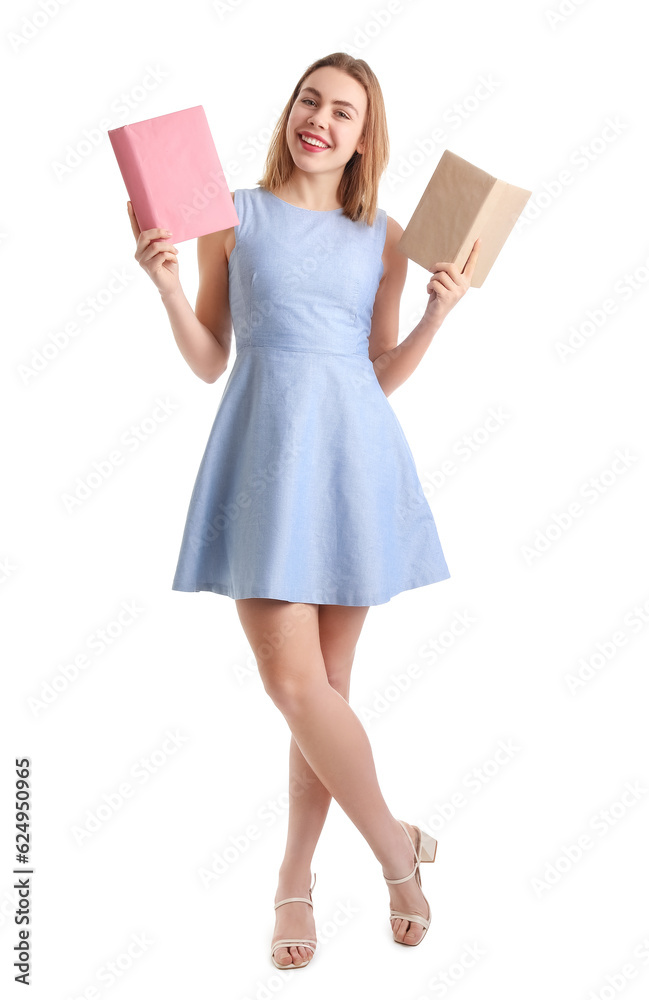 Young woman with books on white background Young woman with books on white background