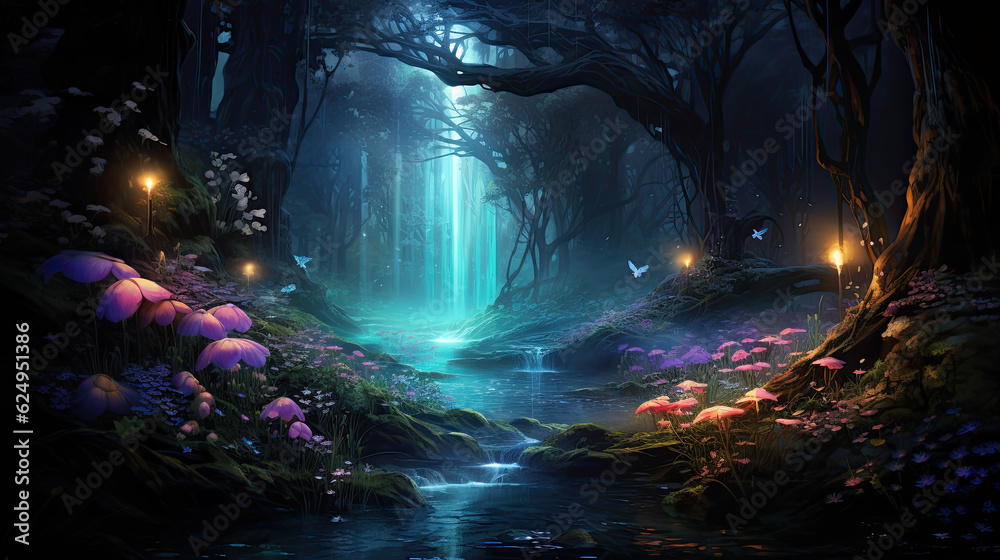 Naklejka premium Illustration of fantasy forest - AI generated image.