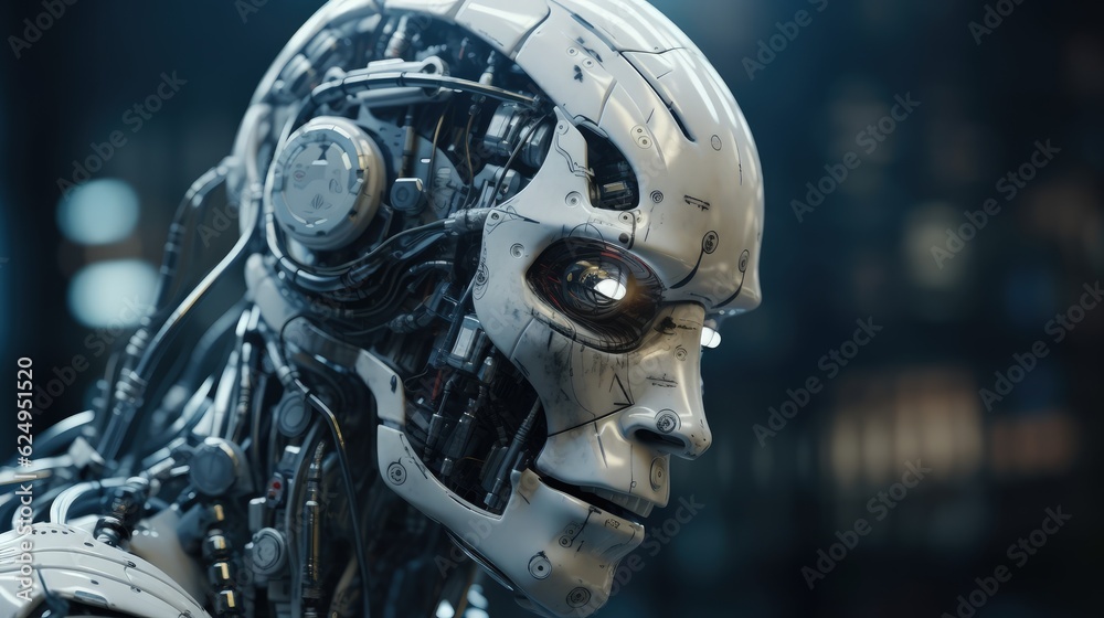 Fototapeta premium Close-up of a cyborg's head. New AI technologies