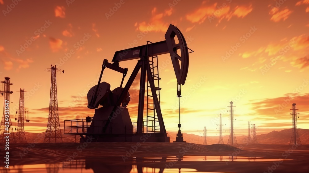 An oil pump at sunset. AI generated