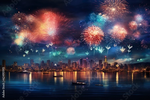 Colorful beautiful fireworks over city at night | Generative AI