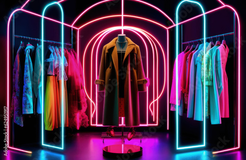 A wardrobe with neon-lit clothes. Artificial intelligence created.