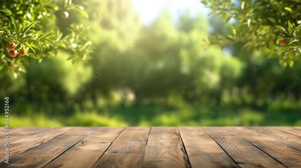 A wooden table on a blurry background of green trees. Generative AI A wooden table on a blurry background of green trees. Generative AI