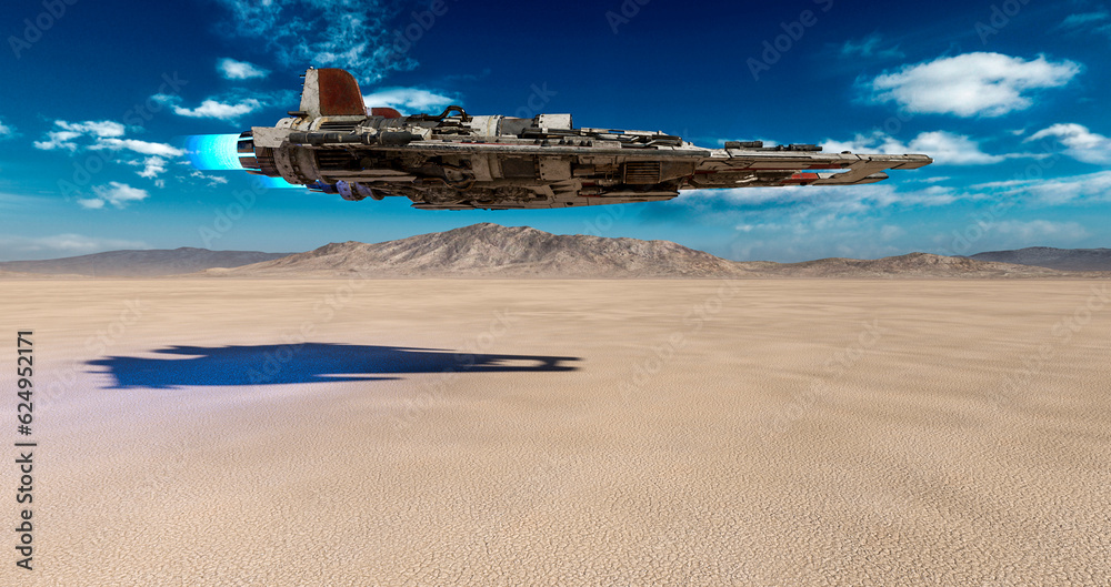 ufo fighter jet is flying low inthe mud desert on side view