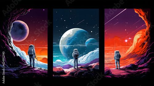 Fototapeta Naklejka Na Ścianę i Meble -  Space, science fiction, future. Vector illustrations of astronaut, galaxy, planet, moon, space objects for poster, background or cover
