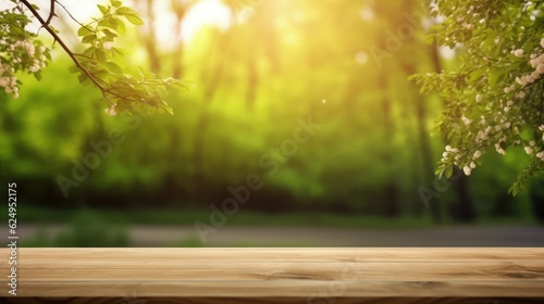 A wooden table on a blurry background of green trees. Generative AI