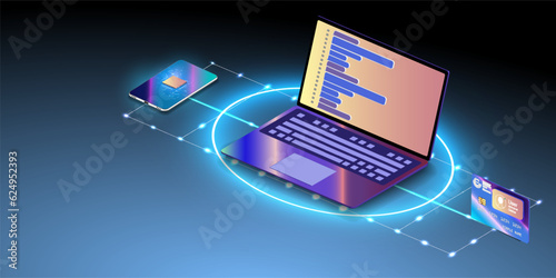This modern vector illustration represents the ease and convenience of online payments. With a computer, credit card, and smartphone, making secure transactions has never been simpler