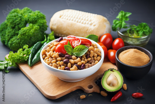 Healthy vegan food. Fresh vegetables on wooden background. Detox diet. Different greens and vegetables. Accompanied by grains, rice. Wooden background