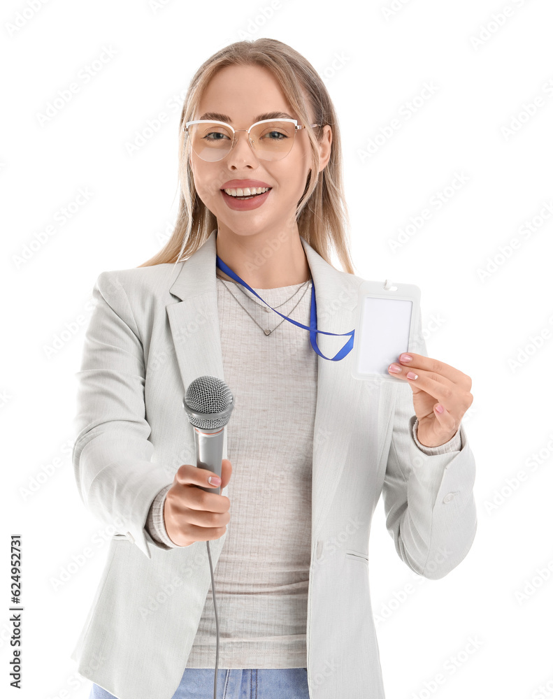 Female journalist with microphone and badge on white background Female journalist with microphone and badge on white background