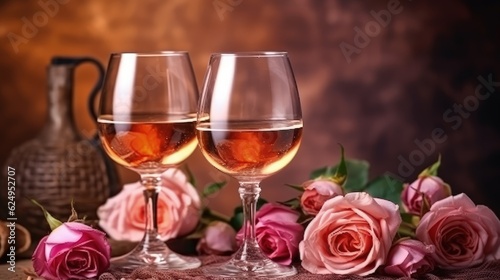 Two glasses of wine on a brown background. Beautiful roses are lying on a wooden table. Romantic dinner. Generative AI