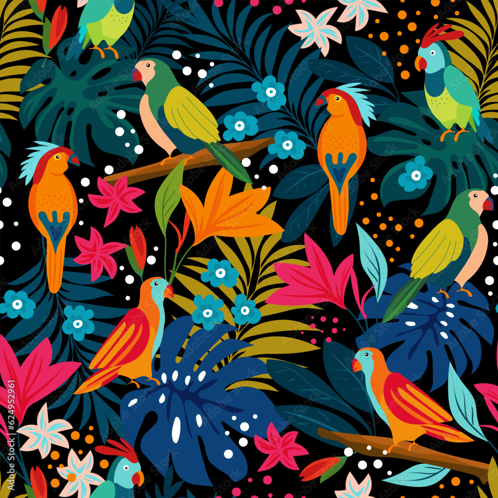 Seamless pattern of parrots on the tropical branches with tropical leaves Seamless pattern of parrots on the tropical branches with tropical leaves