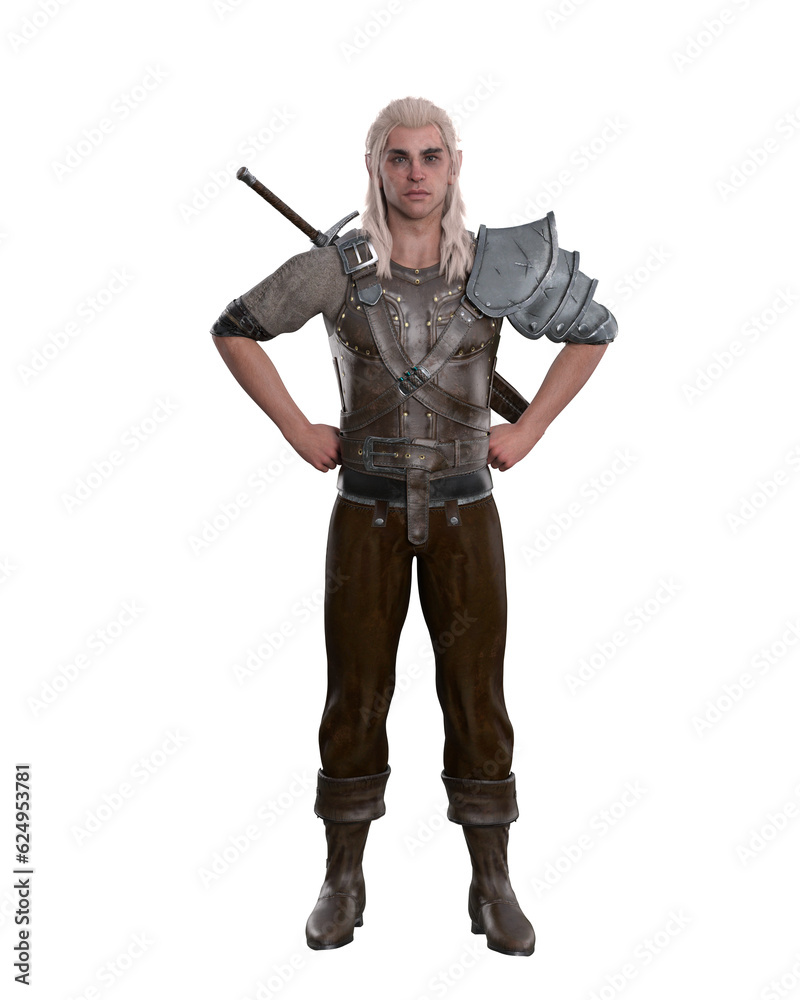 Fantasy Elf warrior man standing with hands on hips wearing sword on his back. Isolated 3D rendering. Fantasy Elf warrior man standing with hands on hips wearing sword on his back. Isolated 3D rendering.