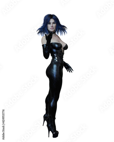 Beautiful dark fantasy sorceress woman standing in black costume casting a spell. Isolated 3D illustration.