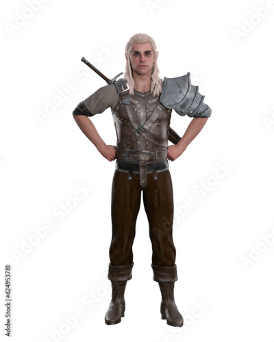 Fantasy Elf warrior man standing with hands on hips wearing sword on his back. Isolated 3D rendering.