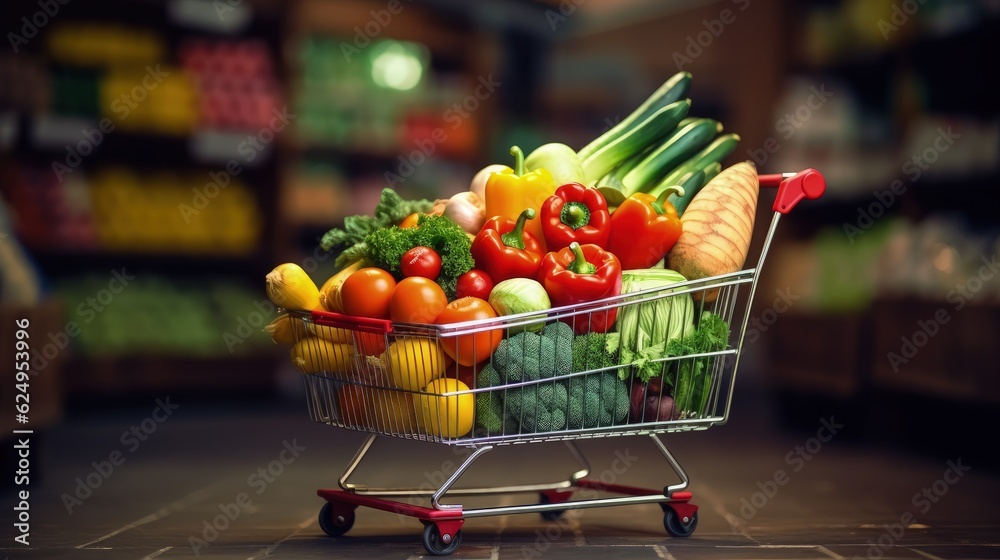 A variety of vegetables in a small shopping cart on a blurry background. Shopping and healthy lifestyle. Generative AI