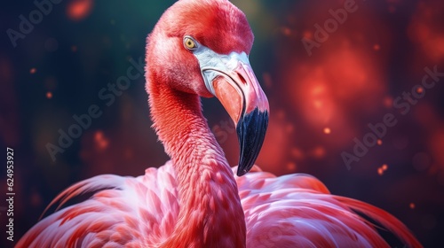 Portrait of a pink flamingo on a bright blurry background, close-up. Tropical bird. Generative AI