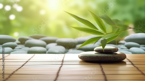 Stones on wooden terrace with bamboo on a blurry background. Relaxation area. Generative AI