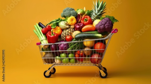 A variety of vegetables in a small shopping cart on a yellow background. Shopping and healthy lifestyle. Generative AI