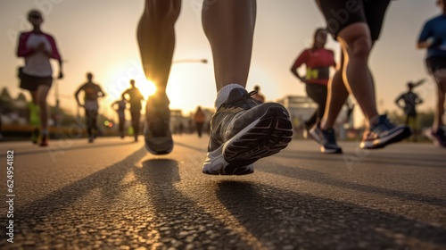 A group of athletes running cross-country trains together on a dirt track. Bottom view, legs only. Generative AI