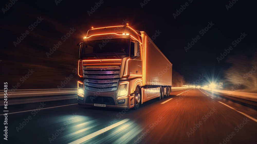 A truck driving on the highway at night, side view. Transportation and delivery concept. Generative AI