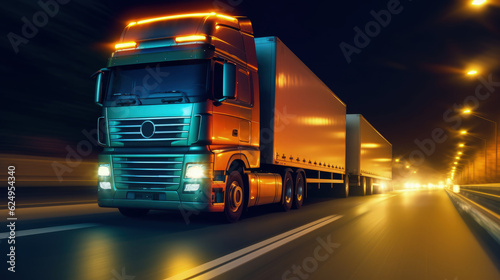 A truck driving on the highway at night. Transportation and delivery concept. Generative AI ©  AKA-RA