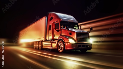 A truck driving on the highway at night, side view. Transportation and delivery concept. Generative AI