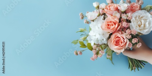 Wedding banner, place for text. Beautiful bridal bouquet of the bride on the blue background. Wedding concept. Generative AI