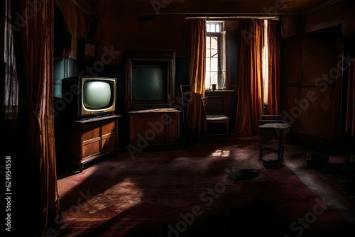Enter the dark decrepit room with a box TV, a relic from another time. Ai generated © Muhammad