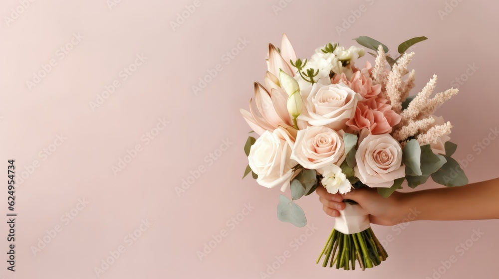 Wedding banner, place for text. Beautiful bridal bouquet of the bride on the light brown background. Wedding concept. Generative AI