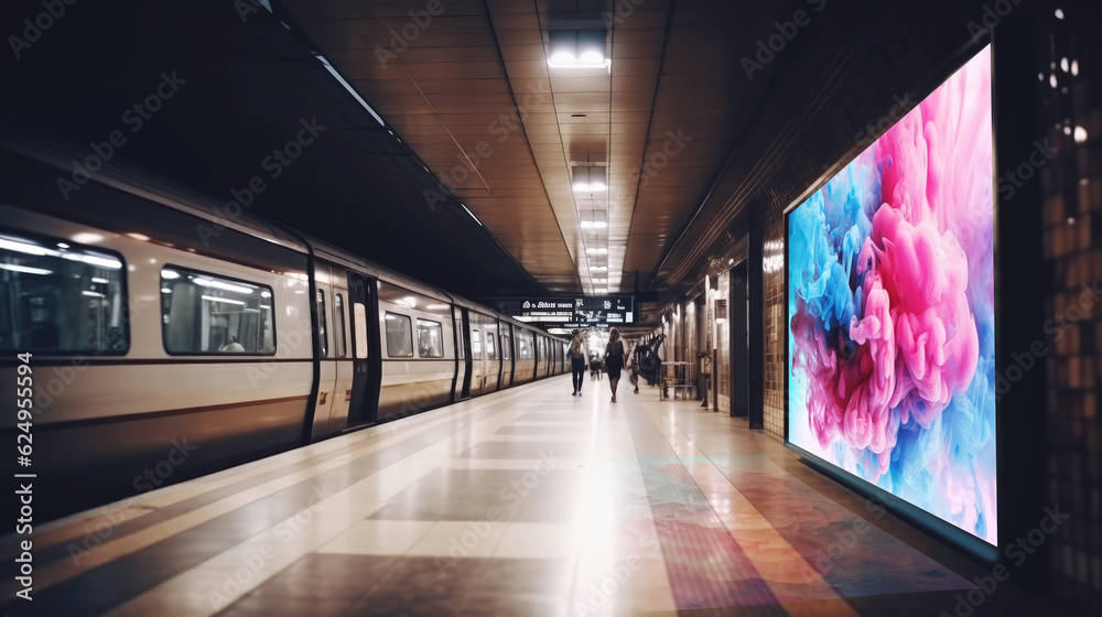 Beautiful standing billboard in the underground subway. Generative AI - obrazy, fototapety, plakaty 