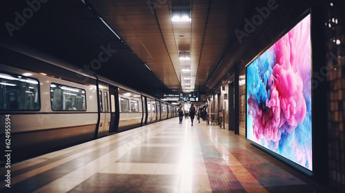 Beautiful standing billboard in the underground subway. Generative AI photo