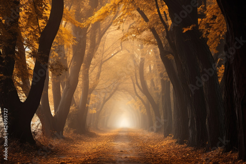 Autumn forest landscape with path autumn leaves and warm light illuminates the golden foliage. Footpath in autumn forest nature scene. Bright October day in a colorful forest. Generative AI.