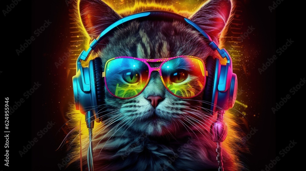  Cool neon party dj cat. Digital ai art