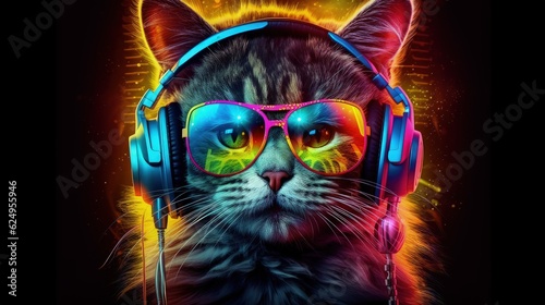  Cool neon party dj cat. Digital ai art