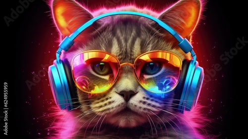  Cool neon party dj cat. Digital ai art