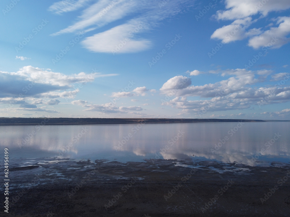 View of the pink salty Syvash lake in Kherson region, Ukraine