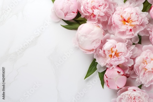 Frame with pink peonies on clear light background. Greeting card template for wedding, mothers or womans day. Springtime composition with copy space. Flat lay style © ratatosk