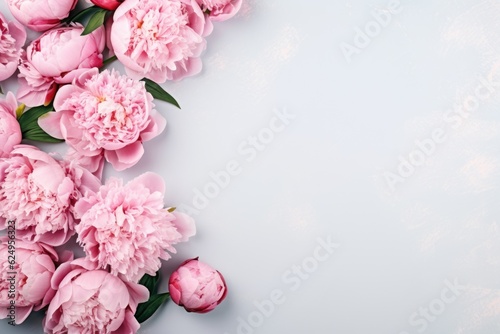 Fototapeta Naklejka Na Ścianę i Meble -  Frame with pink peonies on clear light background. Greeting card template for wedding, mothers or womans day. Springtime composition with copy space. Flat lay style