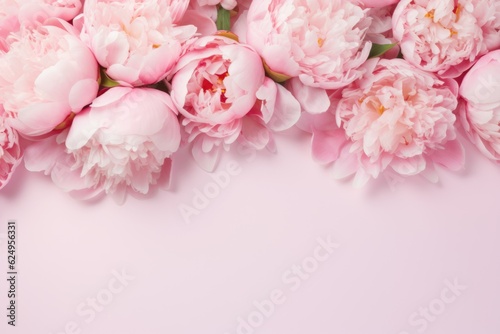 Frame with pink peonies on clear light background. Greeting card template for wedding, mothers or womans day. Springtime composition with copy space. Flat lay style