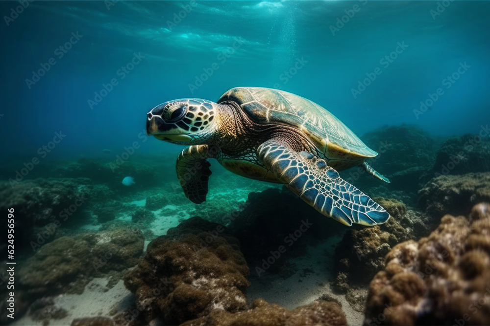 Fototapeta premium Big turtle diving in the ocean, generative AI