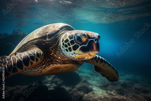Big turtle diving in the ocean, generative AI © aamulya