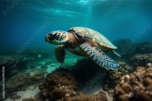 Big turtle diving in the ocean, generative AI © aamulya