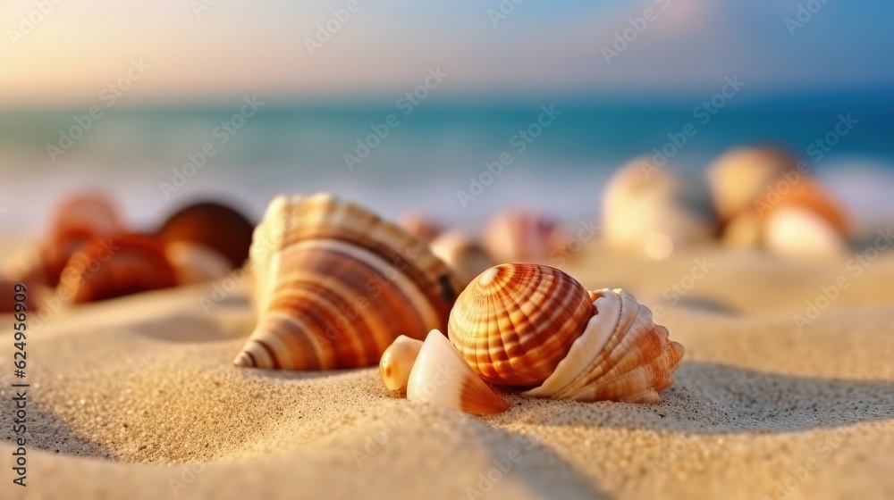 Seashells on a sandy beach. Tropical beach with seashells on white sand Seashells on a sandy beach. Tropical beach with seashells on white sand